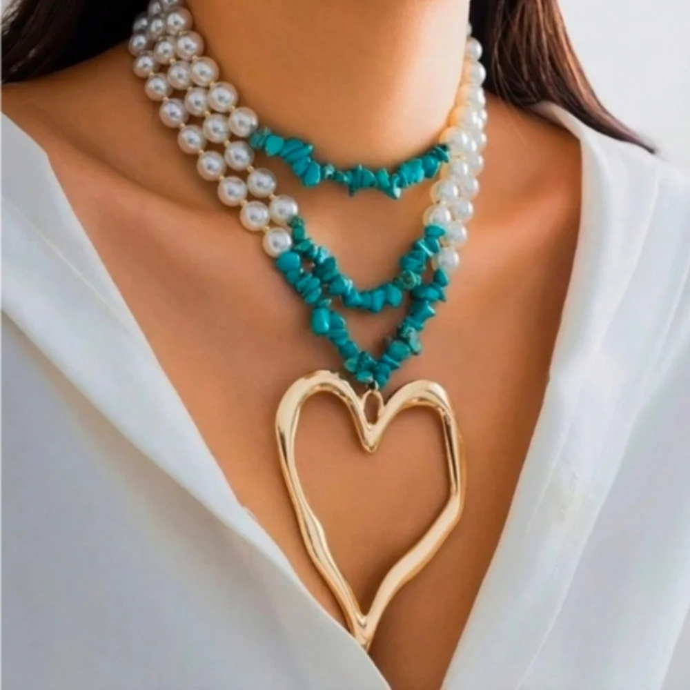 Heart Necklace Gold Pendant Turquoise and Pearl Strands - Picture 9 of 15